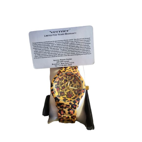 New Vernier Gold Tone Leopard Print Faux Chrono Ladies Tank Watch Sizeable Links - Picture 7 of 8